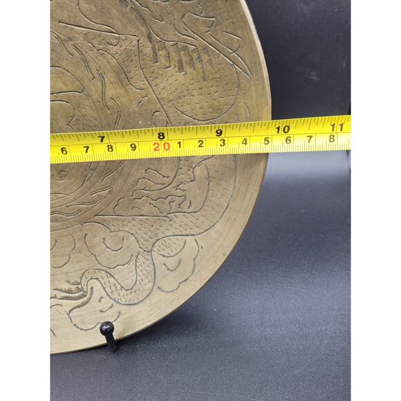 Antique Chinese Etched Heavy Brass Dragon Bowl Dish Hand Carved - Picture 5 of 5